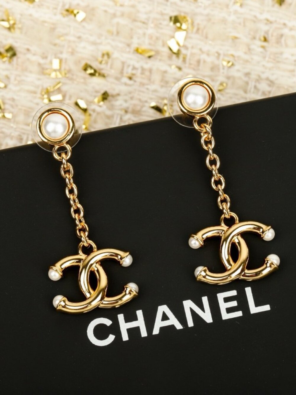Chanel Gold-Tone Pearl Chain Large CC Drop Earrings